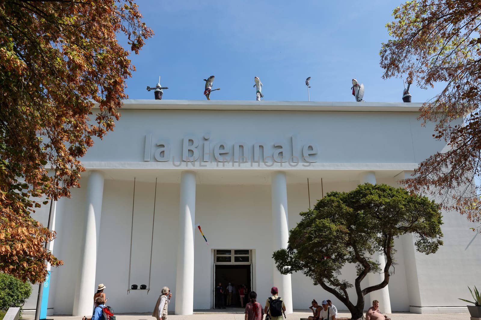 Venice, Italy - September 6, 2022: The facade of the Biennale Central Pavilion located in Giardini in Venice. Italy