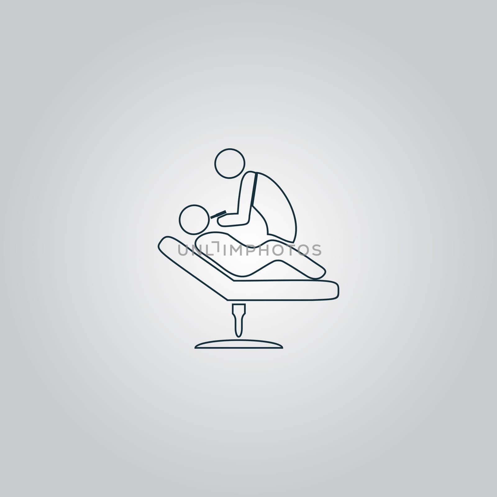 Dental clinic. Dentist treats teeth man in a chair. Flat web icon, sign or button isolated on grey background. Collection modern trend concept design style vector illustration symbol