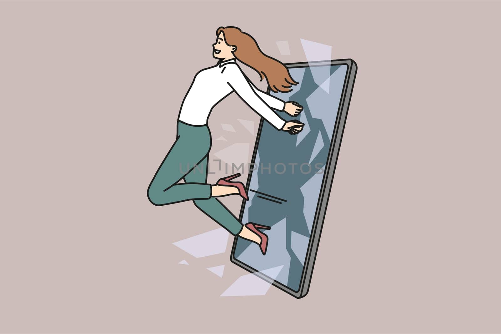 Confident businesswoman jump out of cellphone screen. Smiling woman go out of smartphone free from internet censorship and information. Vector illustration.