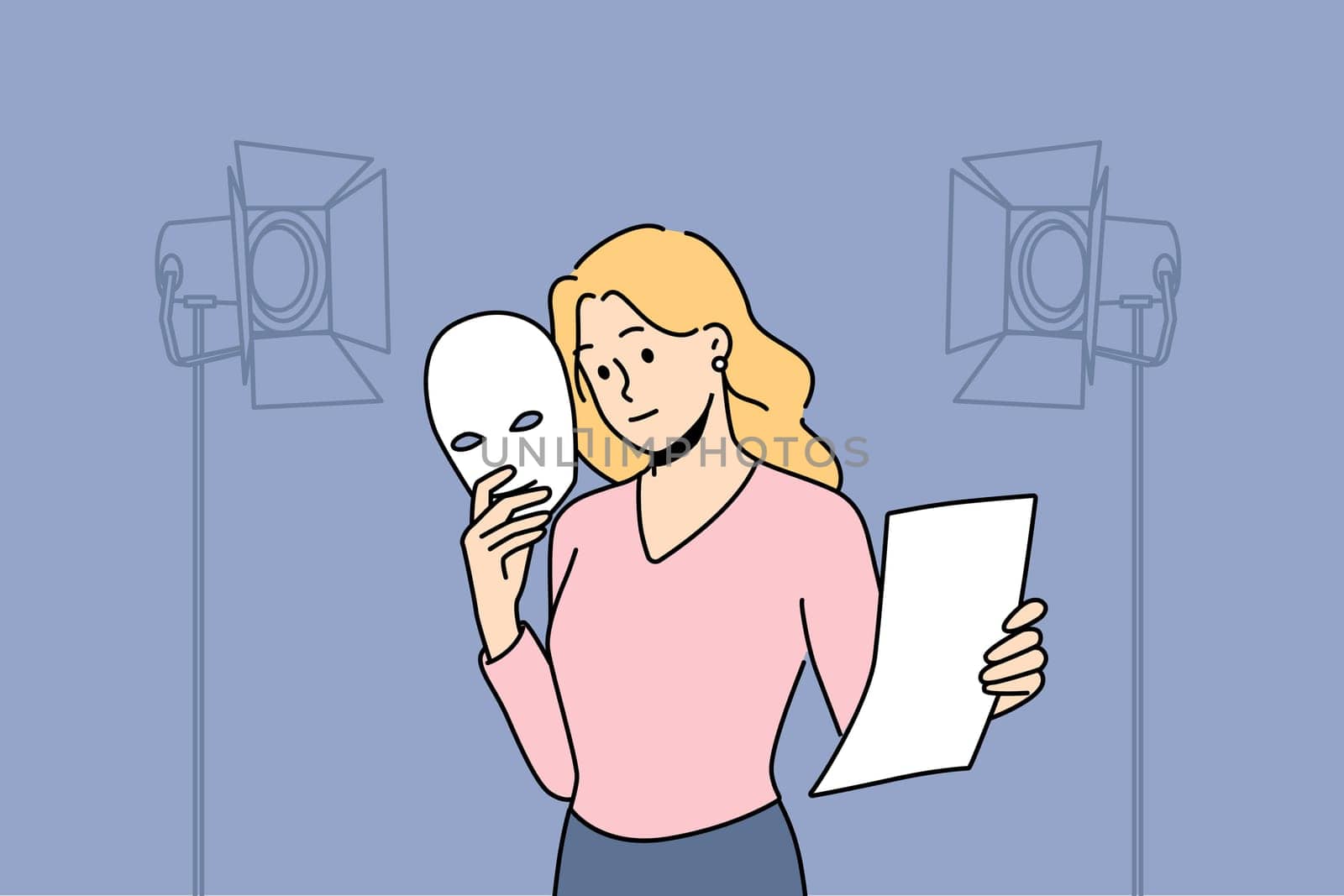 Professional actress with mask in hands rehearse in theatre. Woman with script perform on stage. Artistic profession or occupation. Vector illustration.