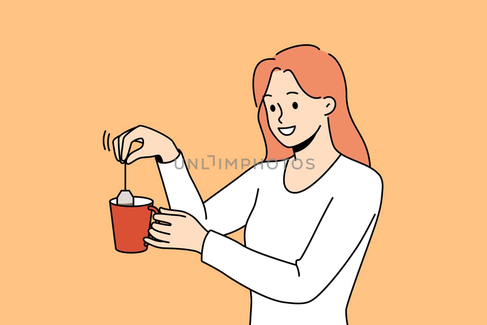 Smiling woman make tea in cup. Happy girl prepare warm drink with bag. Hot beverage for relaxation. Vector illustration.