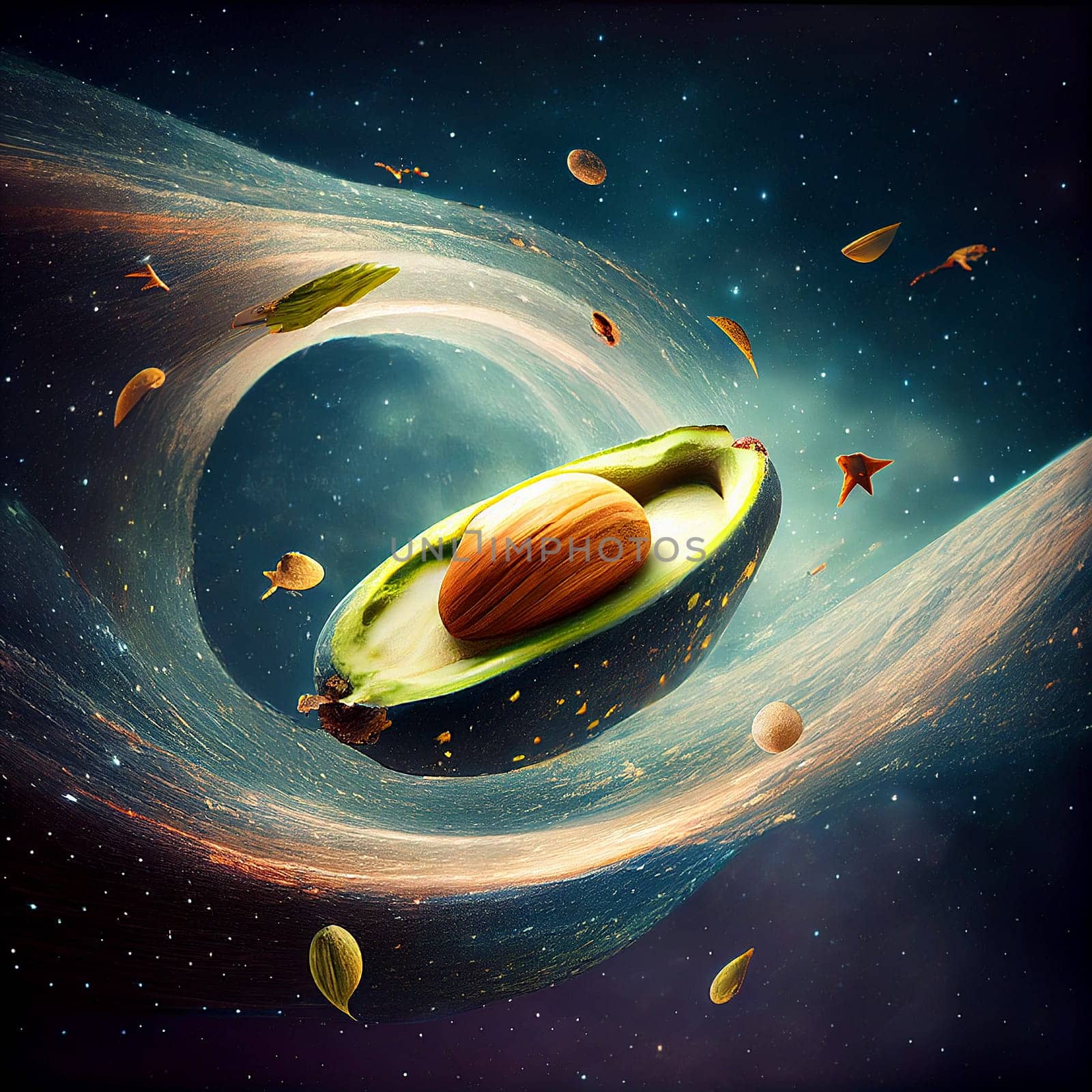 Avocado travels in space, explore the universe, star tail around the fruit, surreal creative astronomy concept, generative AI