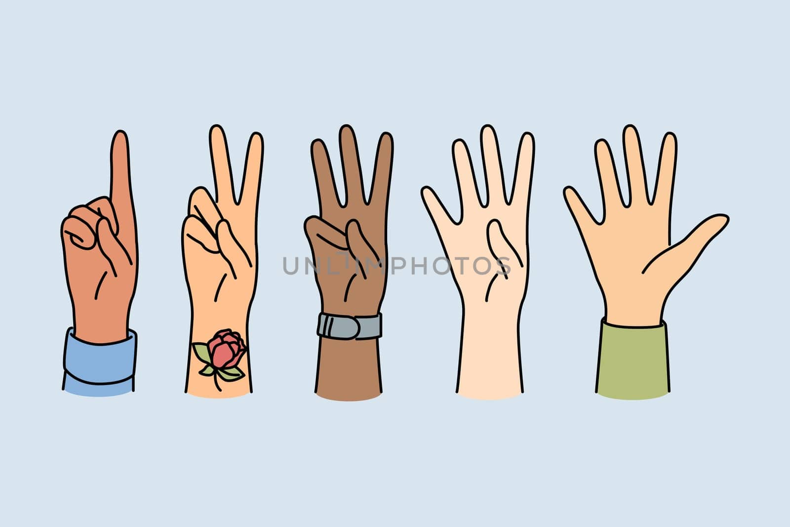 Closeup of diverse people hands showing number by gesture. Multiracial persons demonstrate hand gesture. Vector illustration.