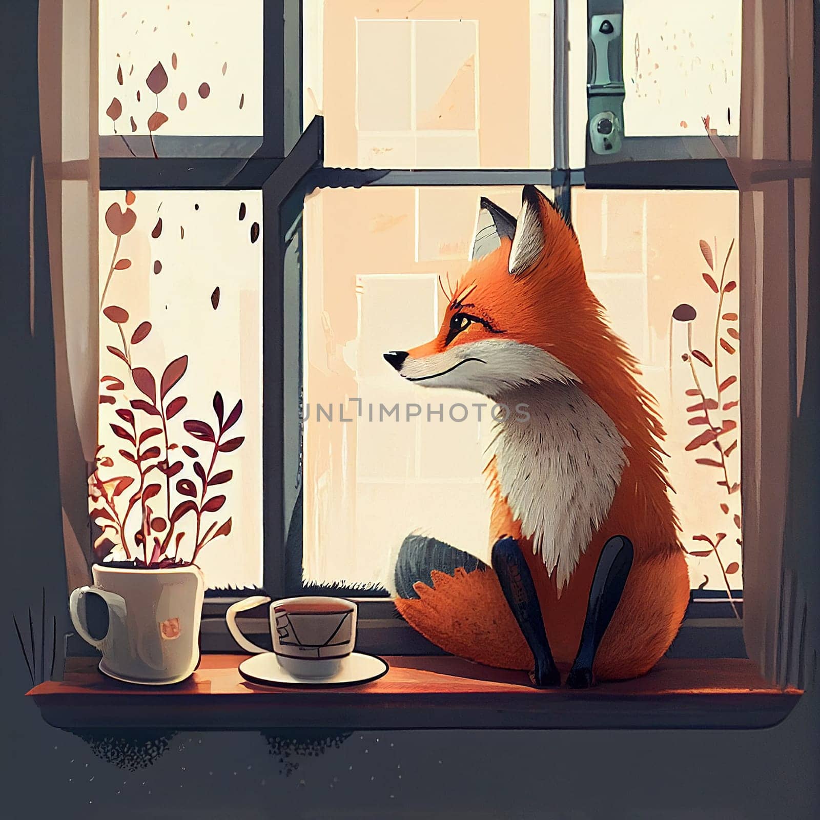 Fox sitting next to the window and is drinking a cup of coffee, generative AI