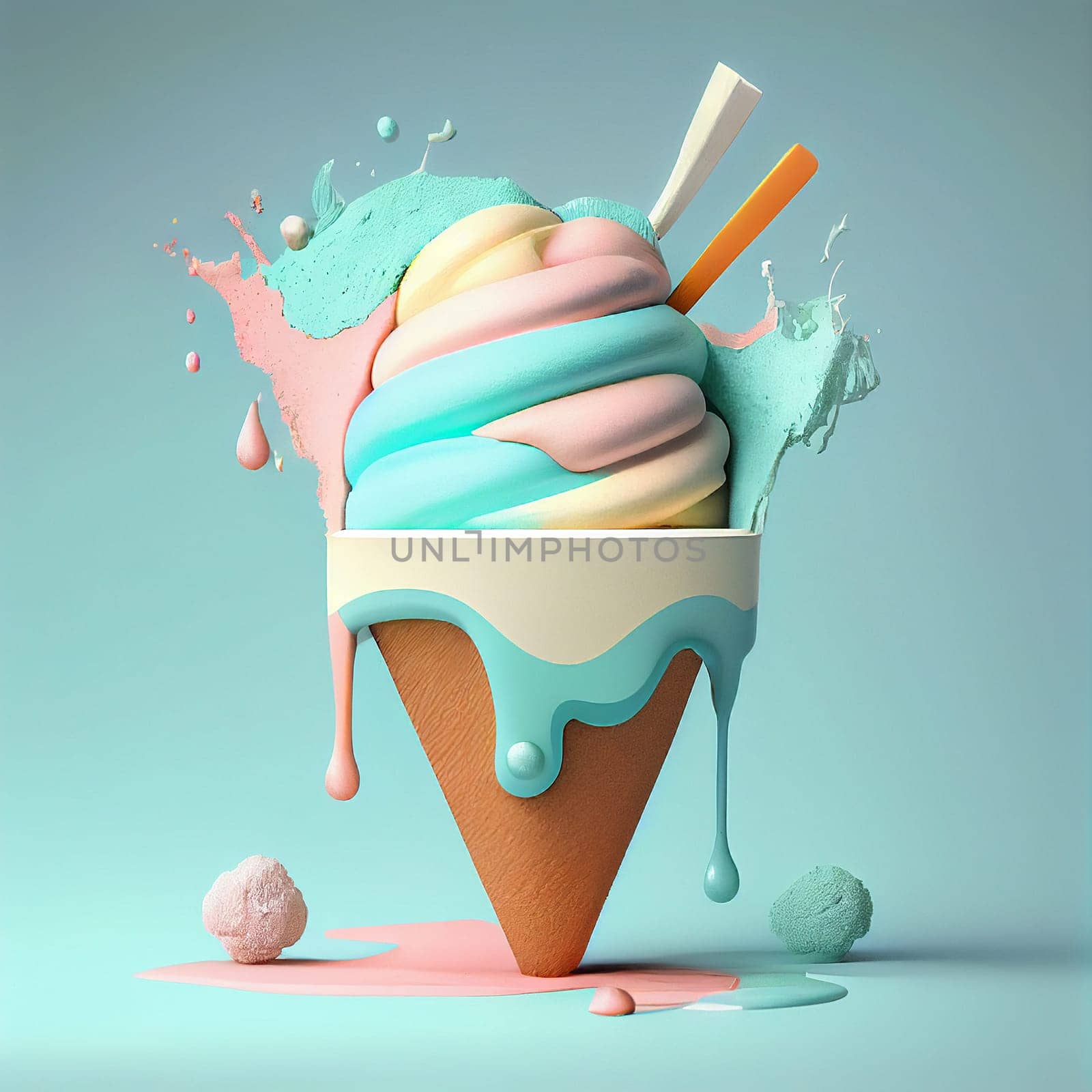 Ice cream mix in a waffle cone with splashes, sweet food in the summer, pastel color, generative AI