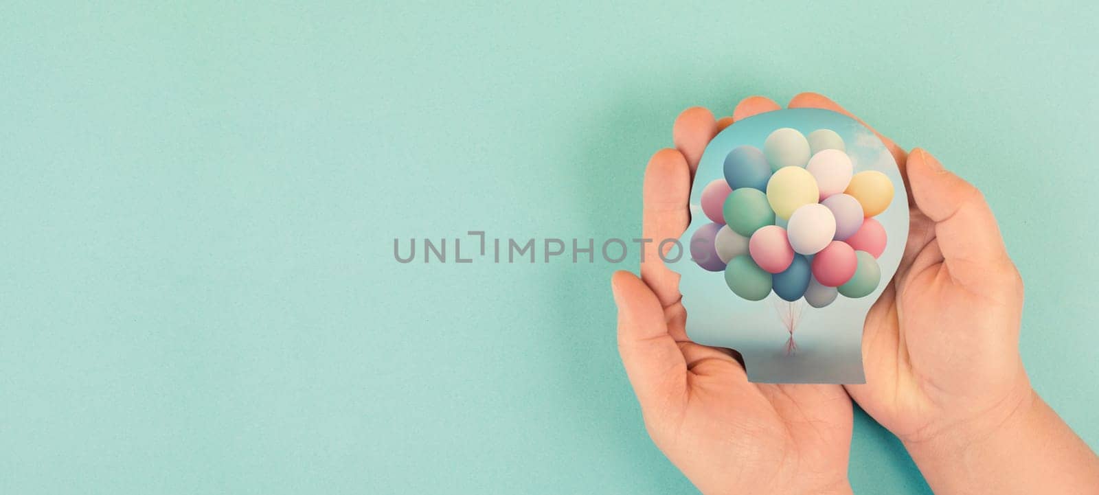 Hands holding head, brain with colorful ballons, self care, freedom and mental health concept, positive thinking, creative mind, generative AI used for ballons