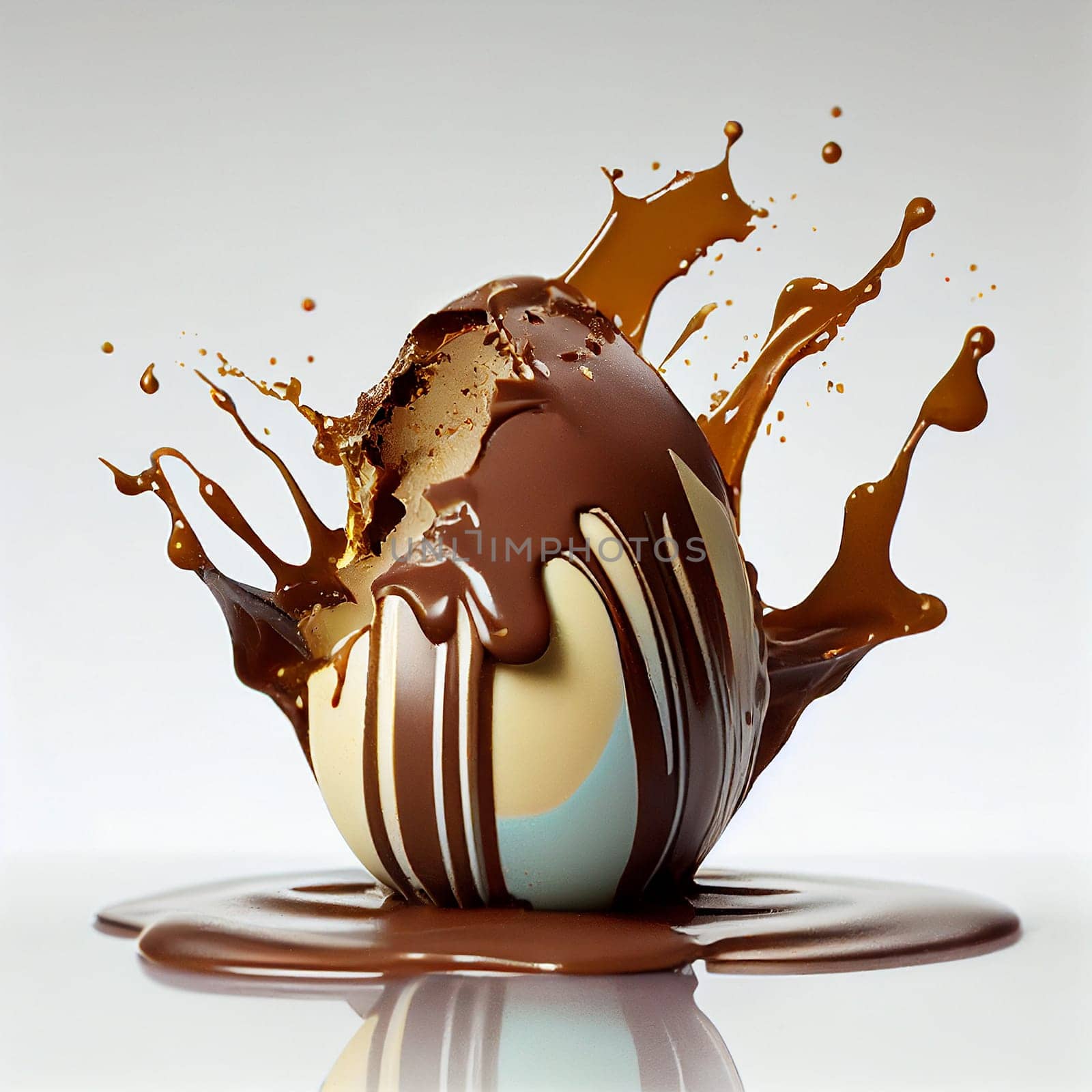 Chocolate easter egg with splashes, sweet food, spring holiday, generative AI