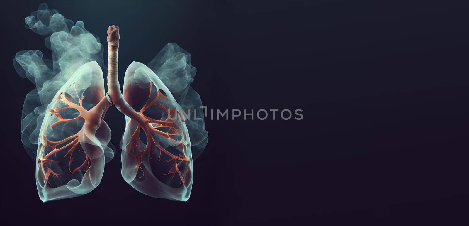 Lung with smoke, x-ray of the organ, world no tabacco day, unhealthy addiction , medical health risk, generative AI