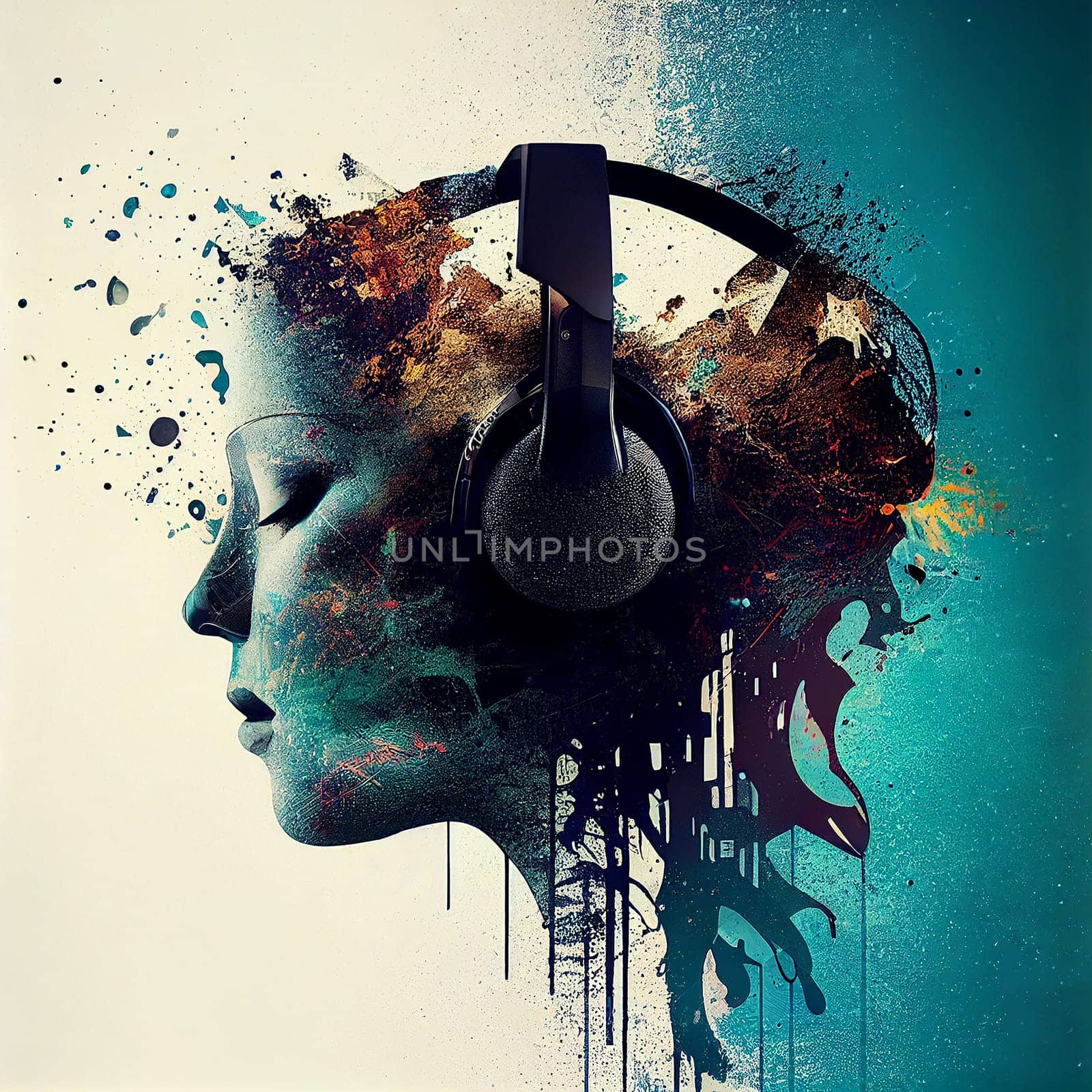 Portrait of a young woman with headphones listening to music, colorful vibes and energy, illustration, generative AI