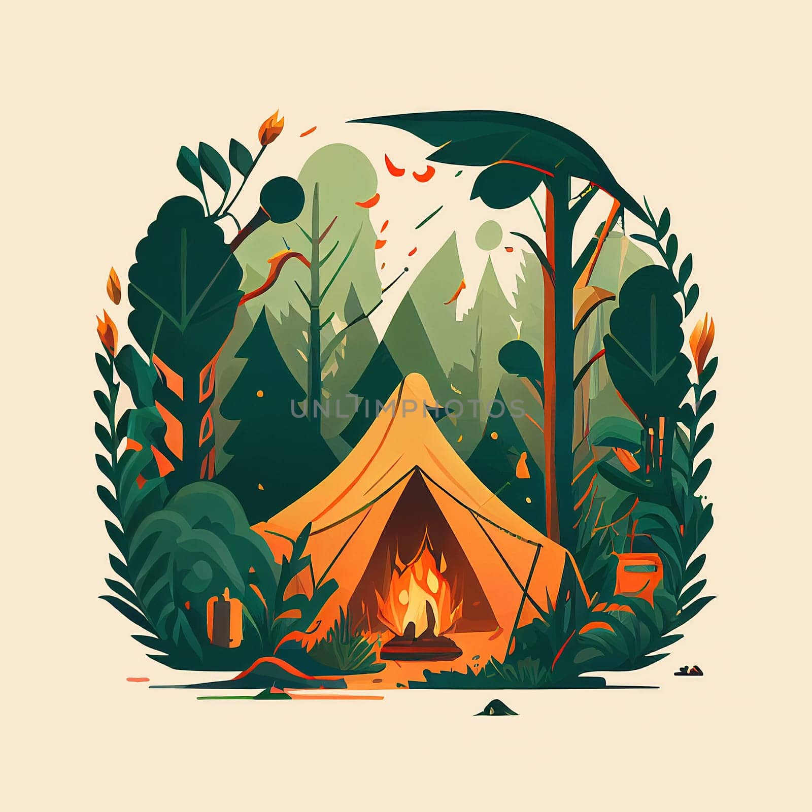 Wanderlust camping adventure in the forest with fire place and tent