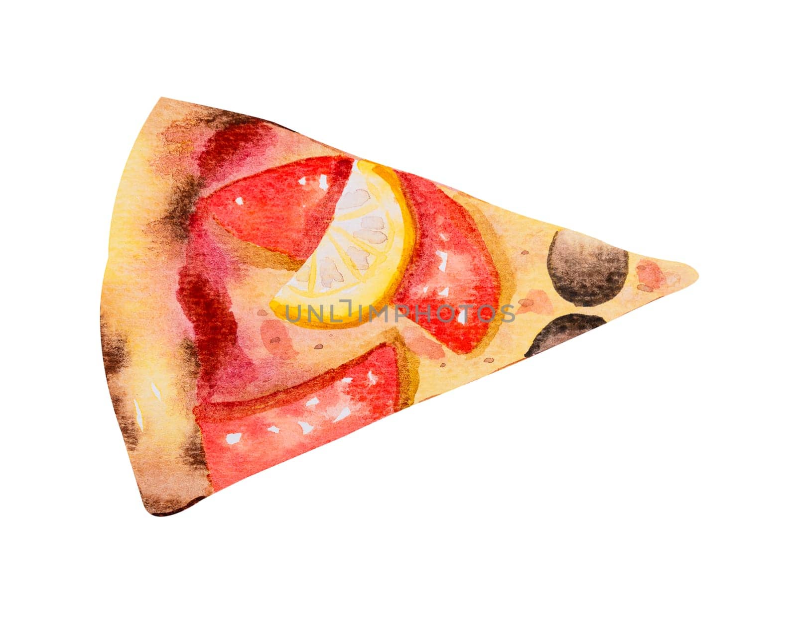 Slice of pizza with mozzarella, tuna slice, lemon and olives. Watercolor hand drawn illustration isolated on white background.