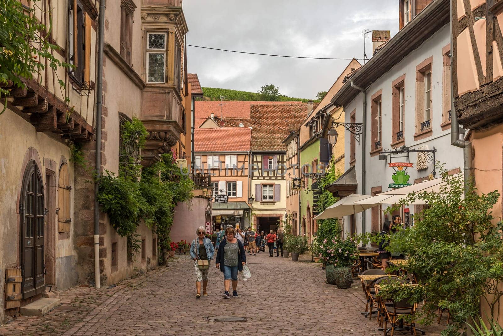 Pedestrian street in the historic center of the Alsatian commune of Riquewihr