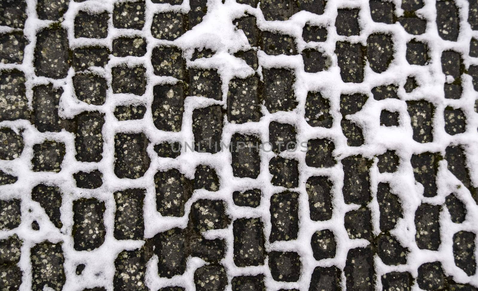 Detail of floor for pedestrians in the city with snow and ice in winter
