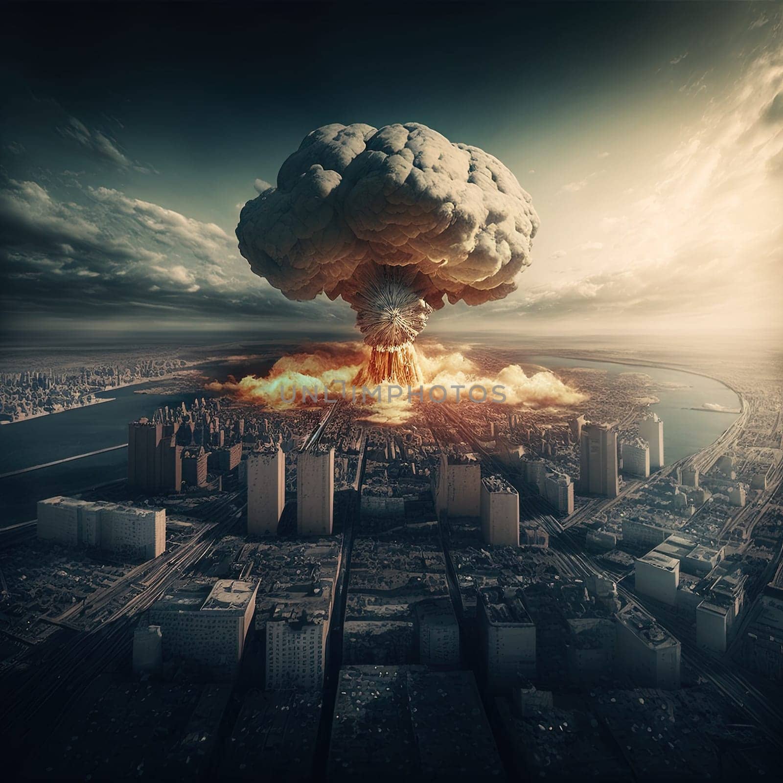 Nuclear explosion over big city created with Generative AI technology.