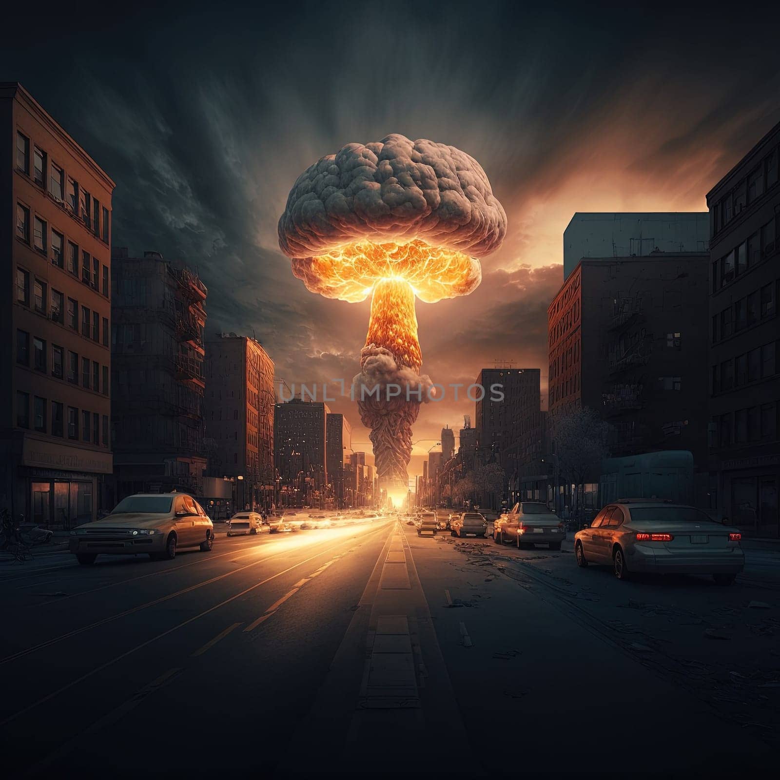 Nuclear explosion over big city created with Generative AI technology.