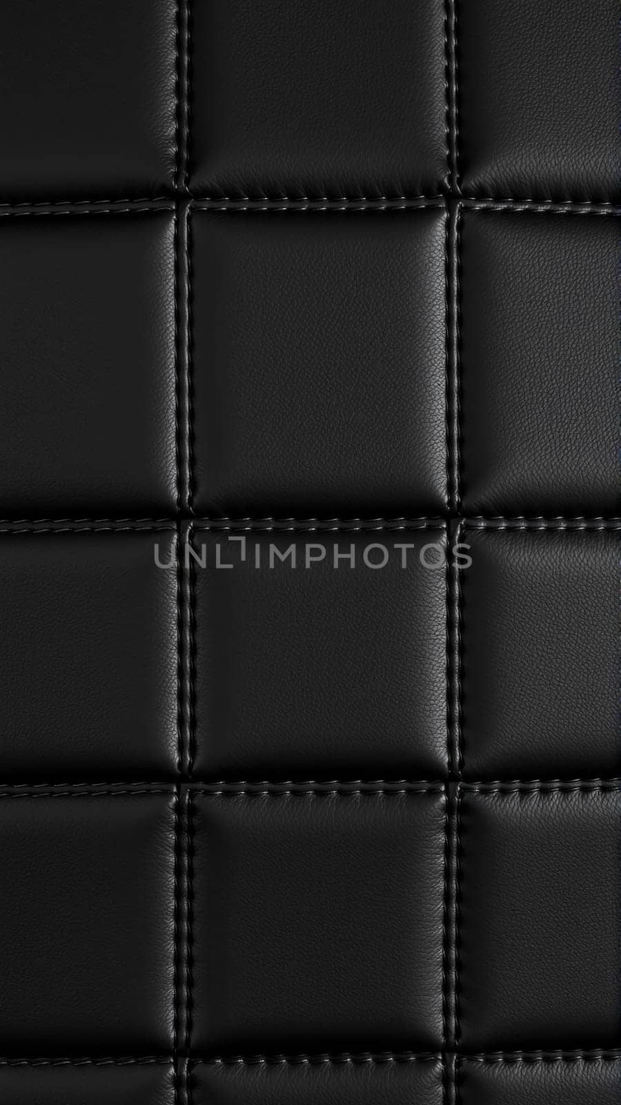 The surface texture of artificial leather in black, stitched in the form of diamonds, squares, rectangles. Quilted eco-leather. High-quality photo