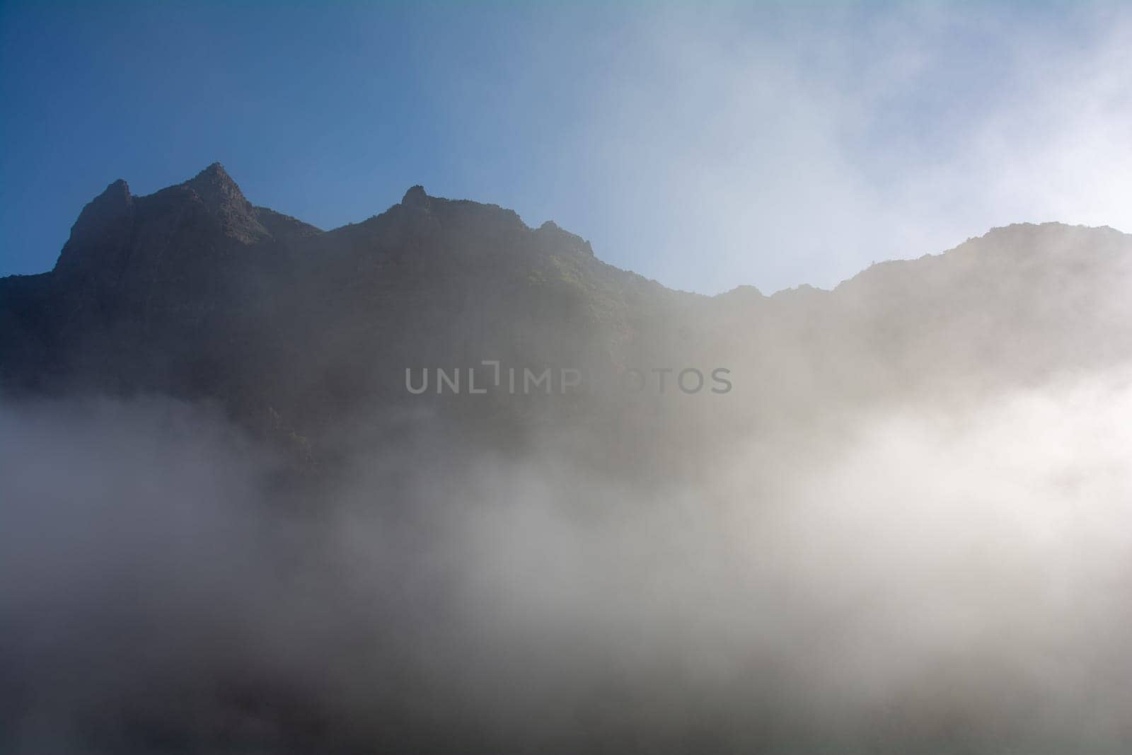 Fog in the green Teno Mountains near Masca on the Canary Island of Tenerife, Spain