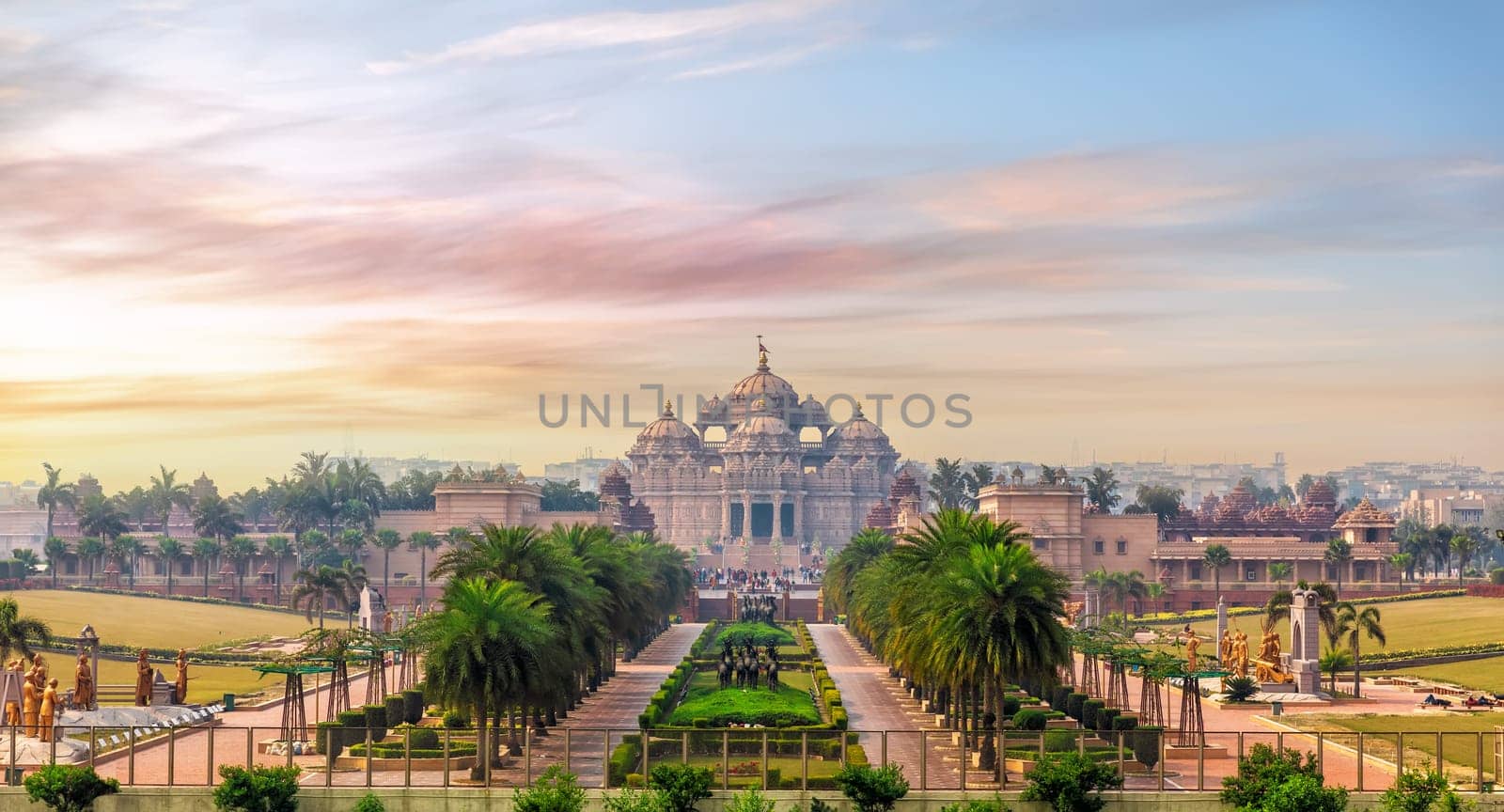 Aerial view of the Swaminarayan Akshardham complex at sunset, Delhi, India.