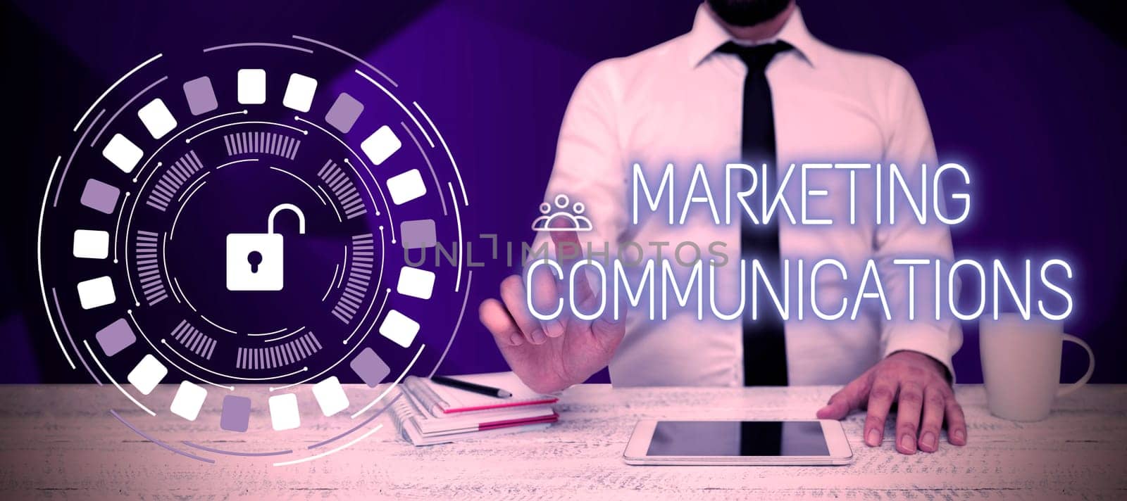 Text caption presenting Marketing Communications, Concept meaning linked all forms or communication