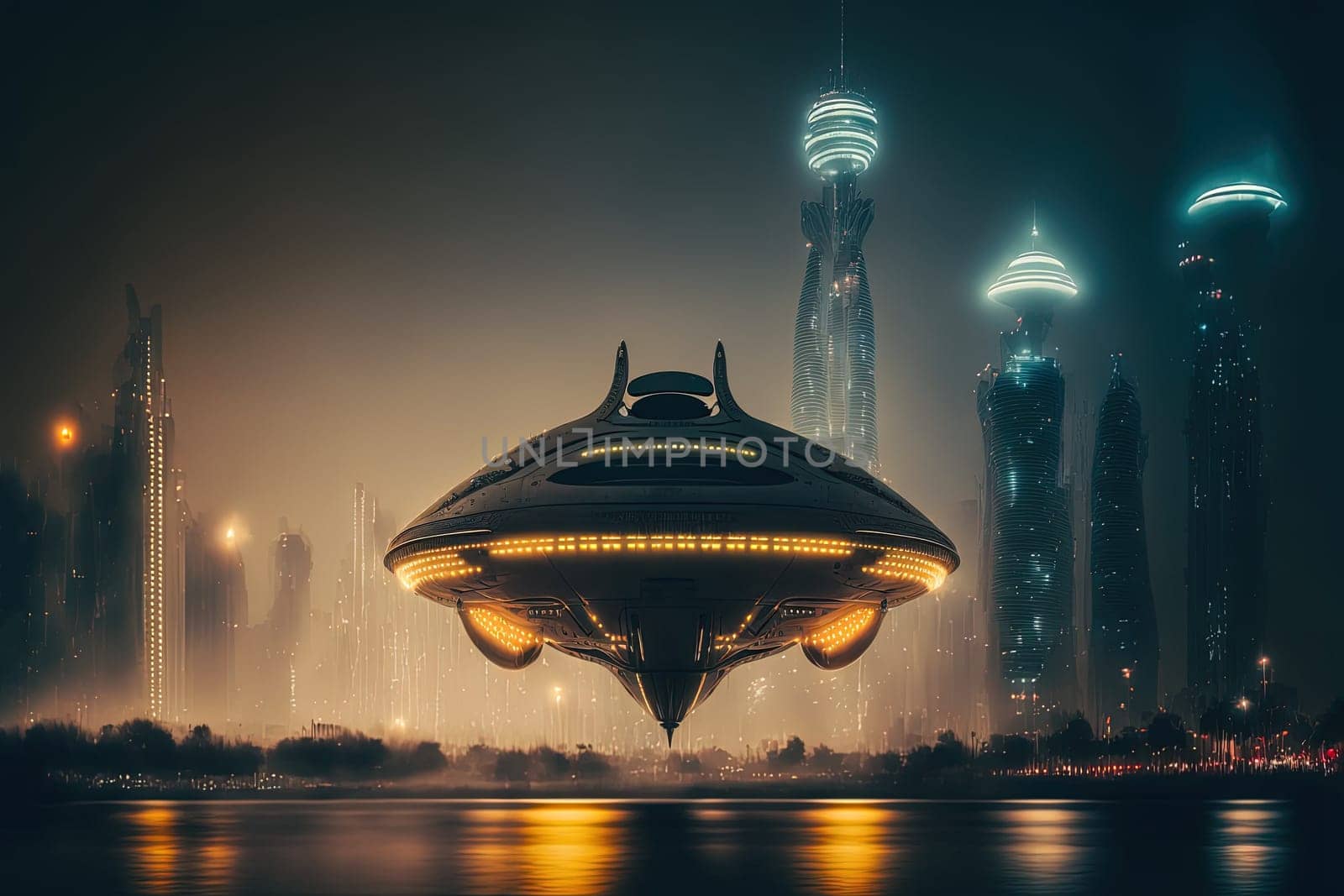 Alien spacecraft landed near big city on Earth created with Generative AI technology.