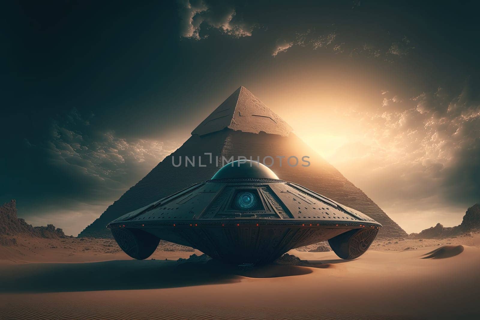 Alien spacecraft landed near big pyramid created with Generative AI technology.