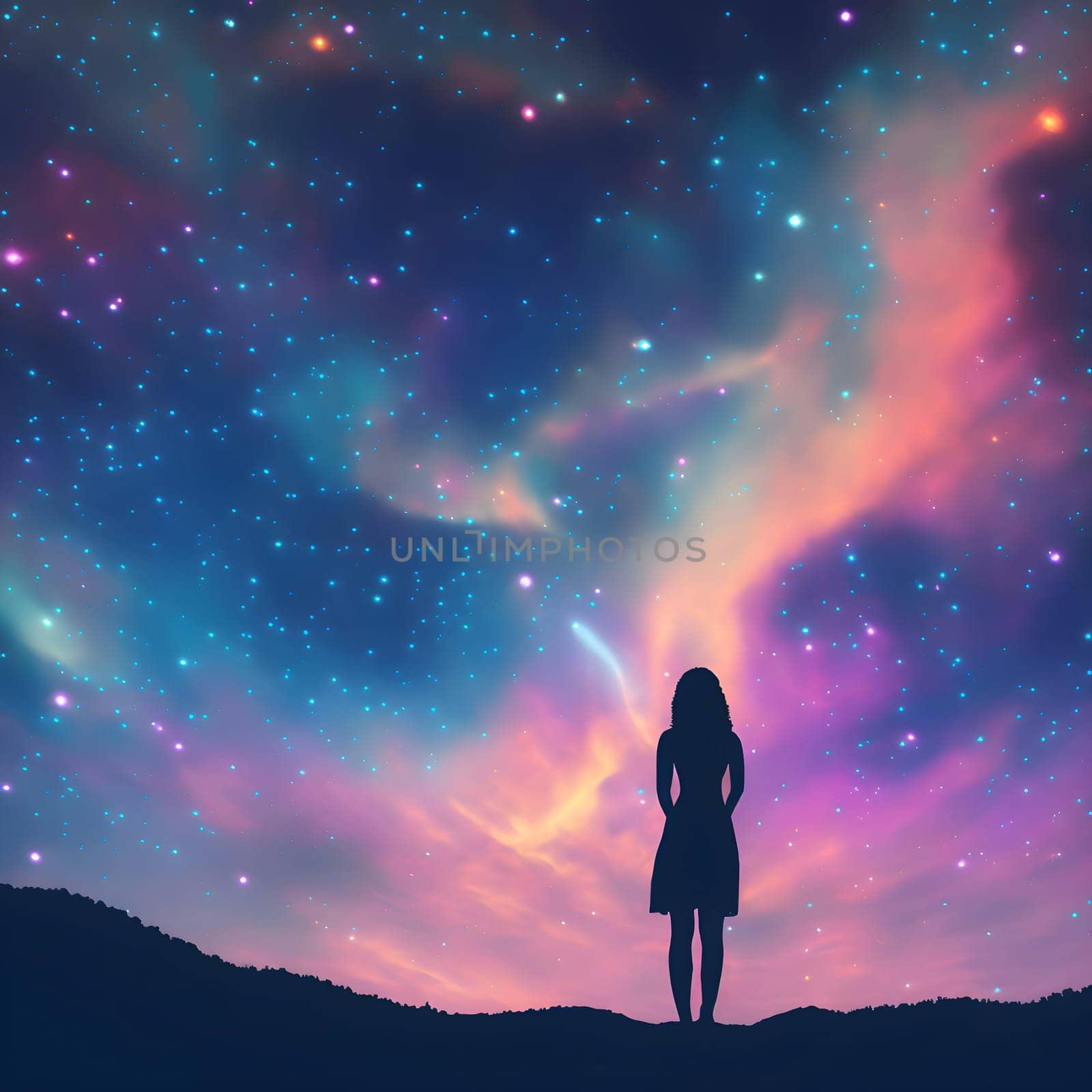artificial intelligence generated image of the lone figure stands in awe of the beauty of the night sky which is illuminated by a brilliant, multicolored milky way galaxy.