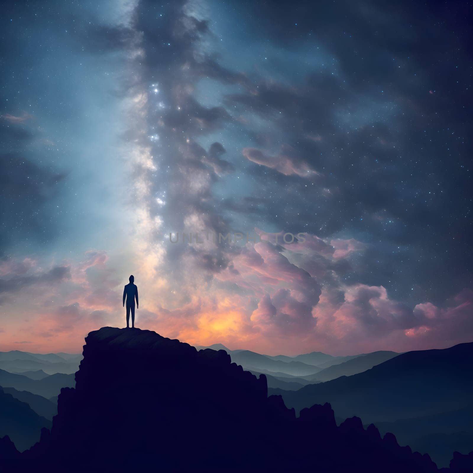 artificial intelligence generated image of the lone figure stands in awe of the beauty of the night sky which is illuminated by a brilliant, multicolored milky way galaxy.