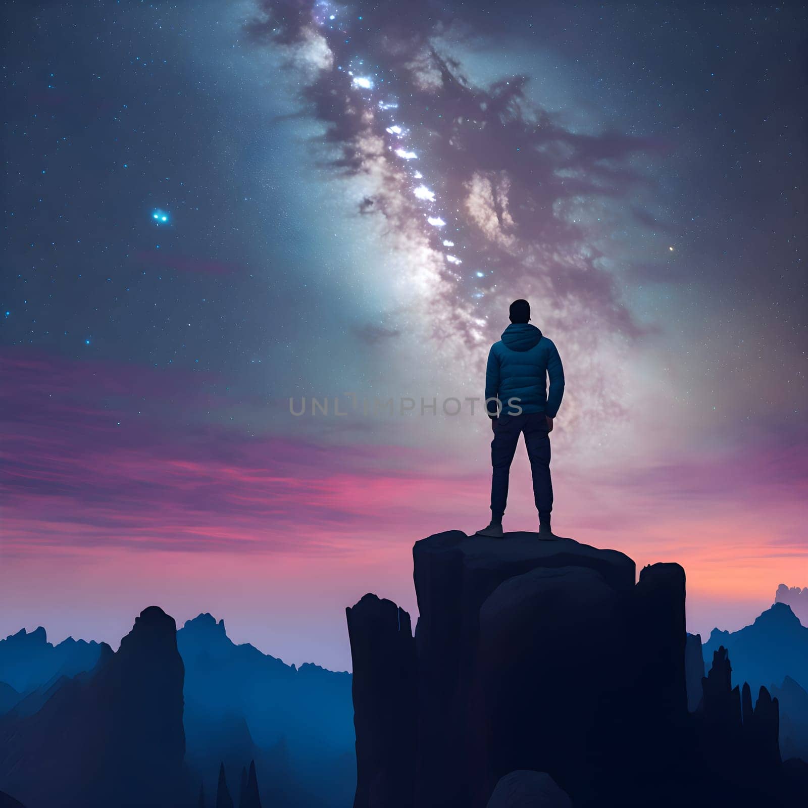 artificial intelligence generated image of the lone figure stands in awe of the beauty of the night sky which is illuminated by a brilliant, multicolored milky way galaxy.