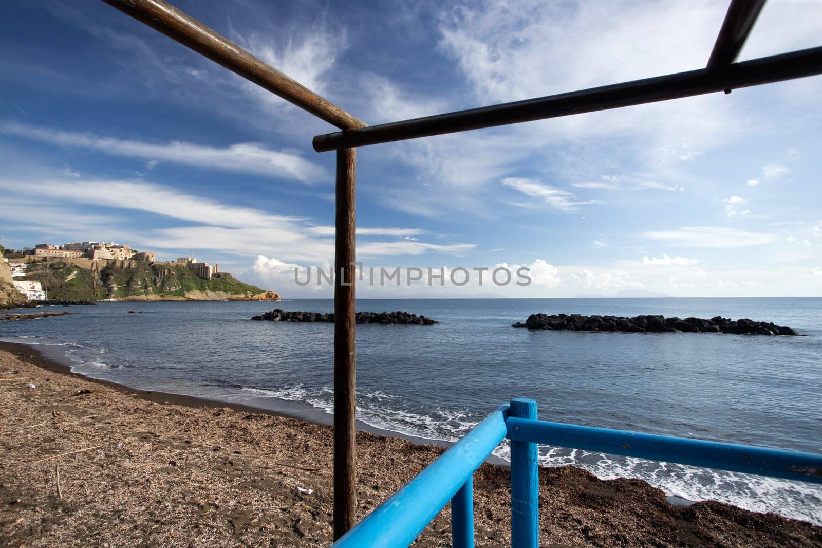 Colorful wooden hut on Chiaiai beach, Procida Island, Italy.
