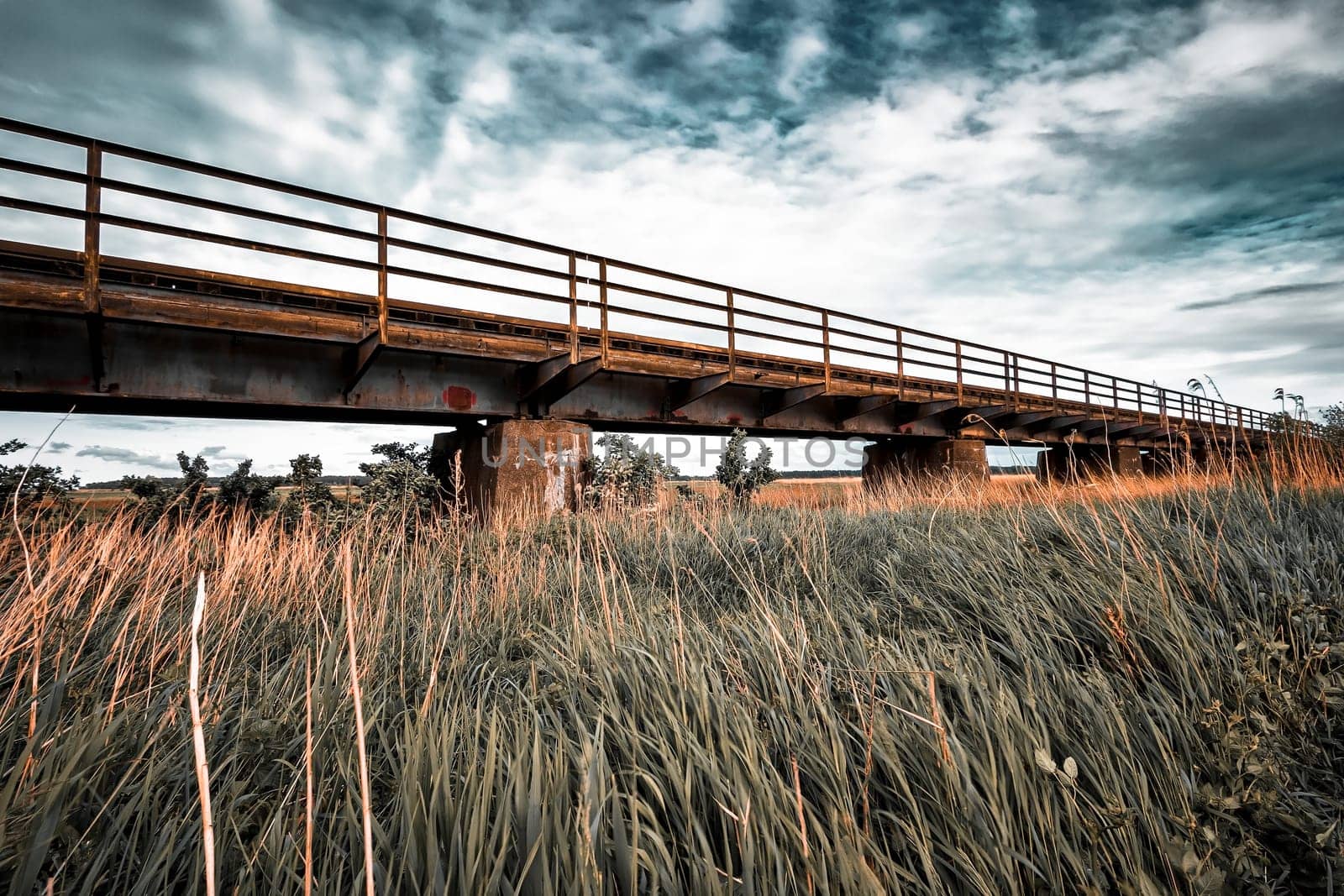 Former train line of the Darßbahn in Bresewitz, just before the Meiningen Bridge to the Fischland-Darß peninsula, Mecklenburg-West Pomerania, Germany