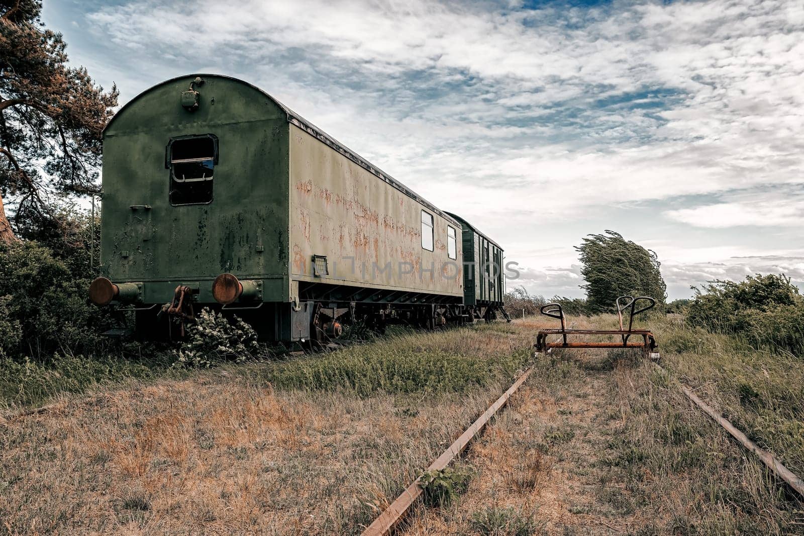 Former train line of the Darßbahn in Bresewitz, just before the Meiningen Bridge to the Fischland-Darß peninsula, Mecklenburg-West Pomerania, Germany