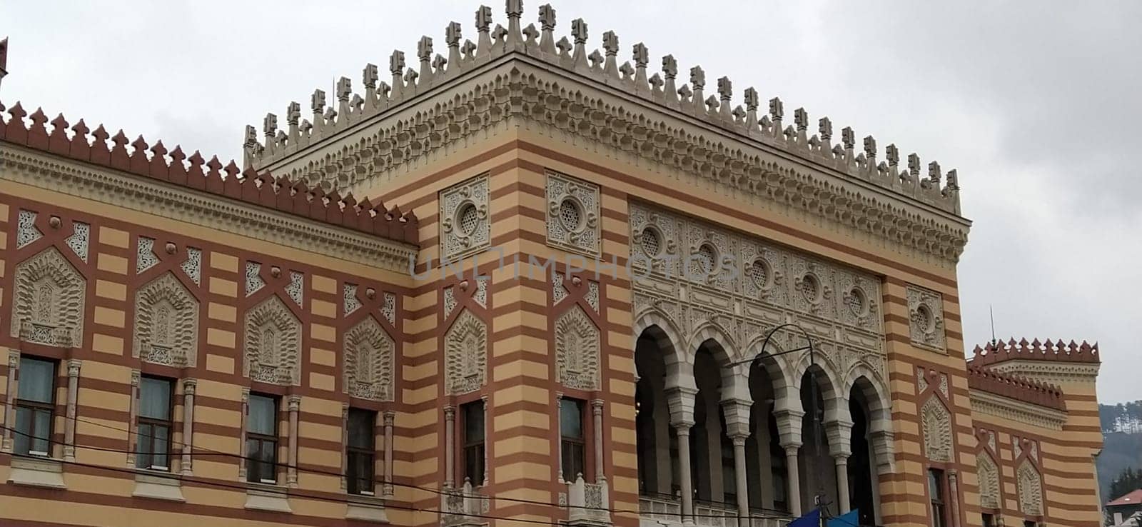 Sarajevo, BiH, March 8, 2020. City Hall, Sarajevo, Bosnia and Herzegovina. Vijecnica is the national library. the largest and most representative building of the Austro-Hungarian period in Sarajevo.