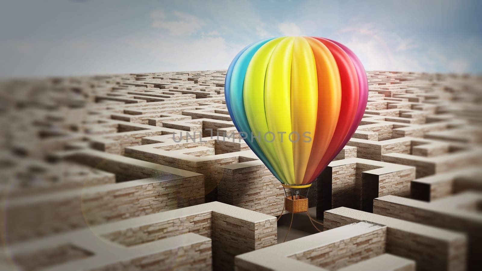 Multi-colored hot air balloon on maze. 3D illustration.