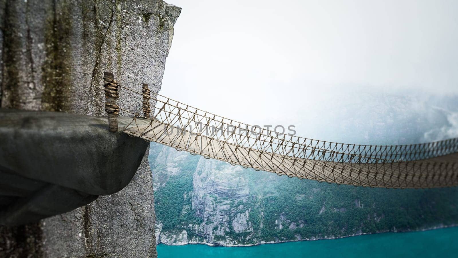 Dangerous rope bridge connecting two opposite sides. 3D illustration.