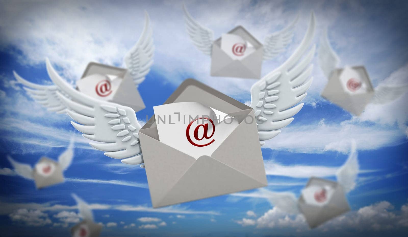 Mail enveloppe with wings on smartphone against the sky. 3D illustration.