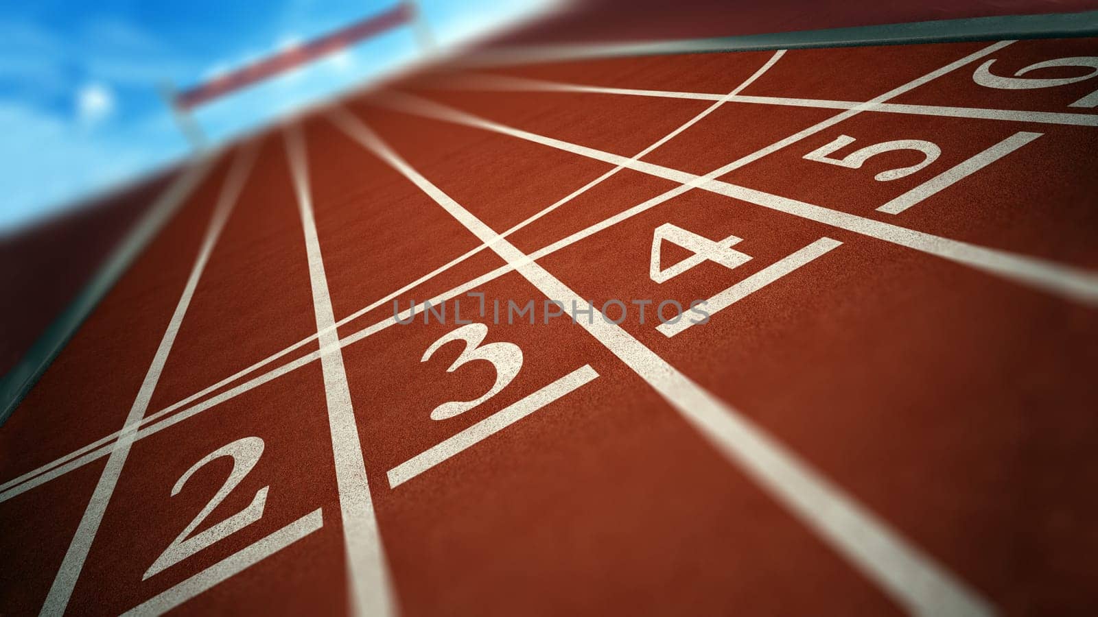 Running track showing starting numbers. 3D illustration.