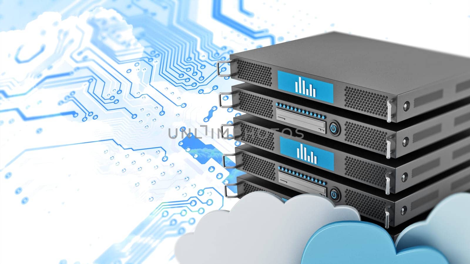 Cloud computing concept with server rack and cloud shapes. 3D illustration.