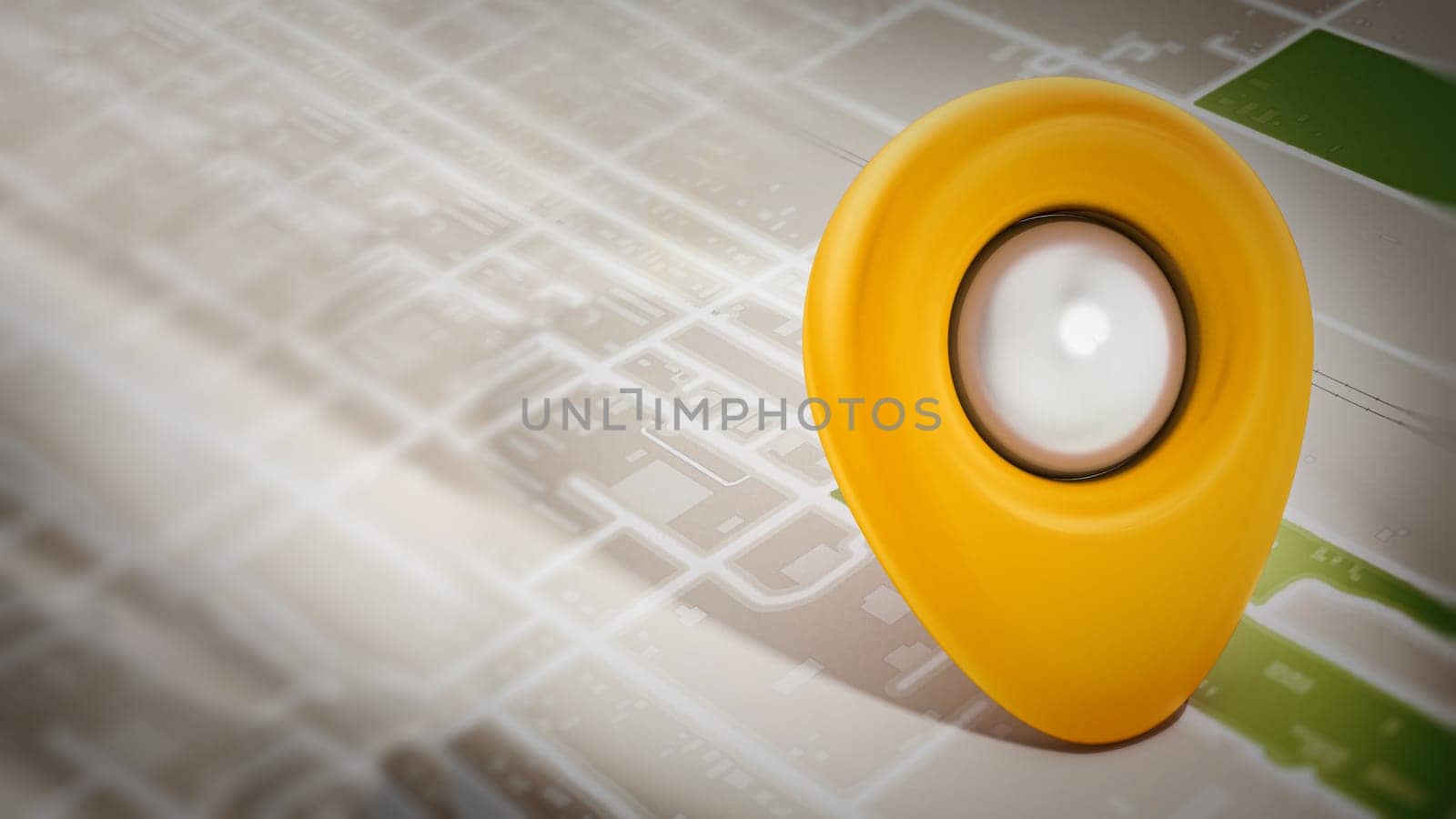 Yellow marker on navigation map. 3D illustration.