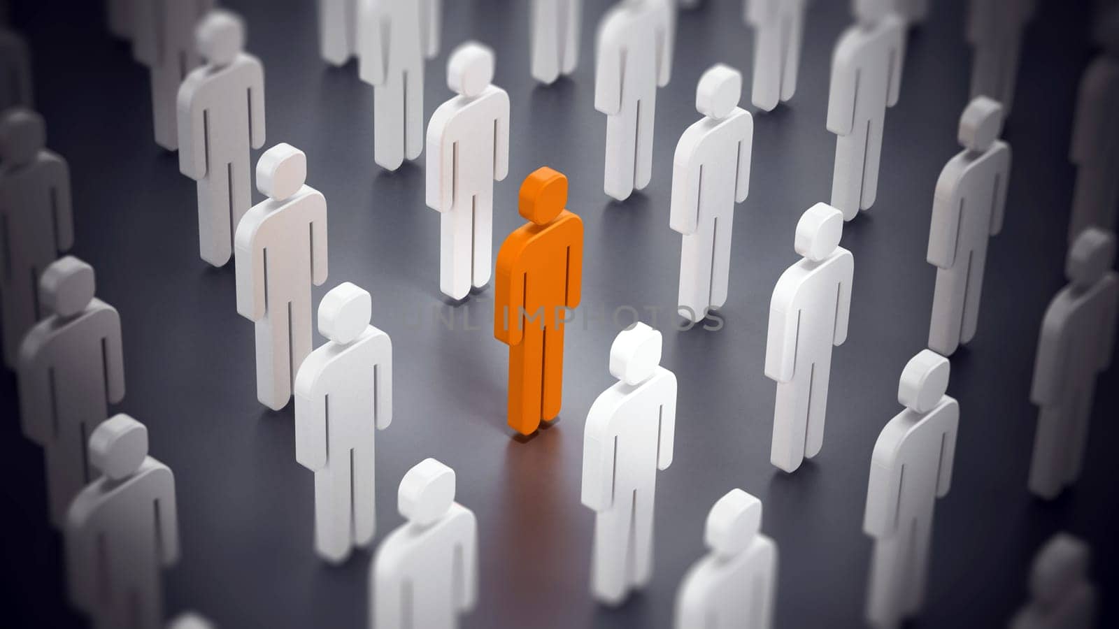 Red simple figure shape standing out among white ones. 3D illustration.