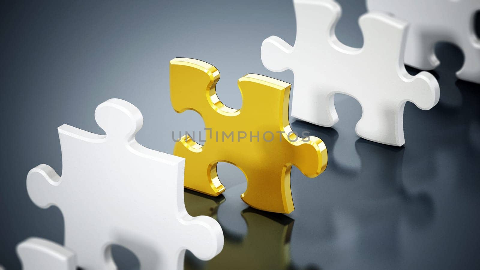 Yellow puzzle piece stands out among white puzzle parts. 3D illustration.
