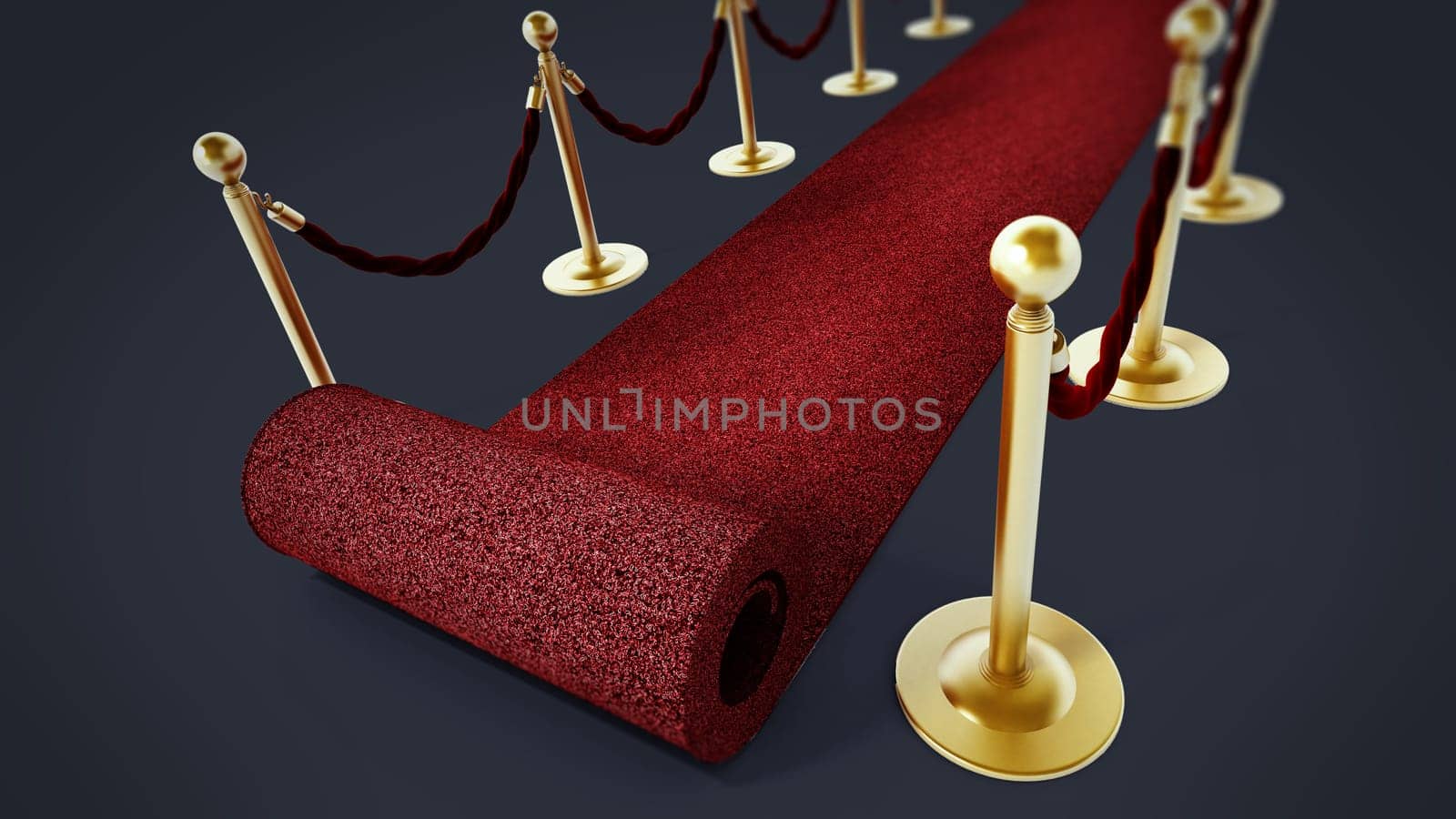 Rolled red carpet and velvet ropes isolated on white background. 3D illustration.