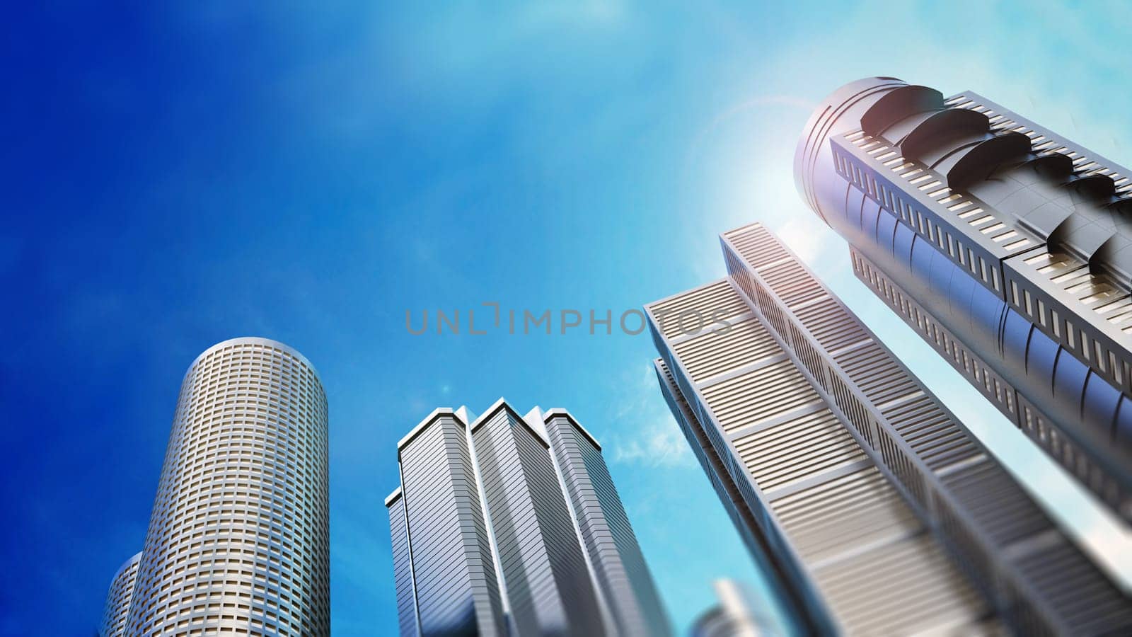 Skyscrapers on blue sky background. 3D illustration.