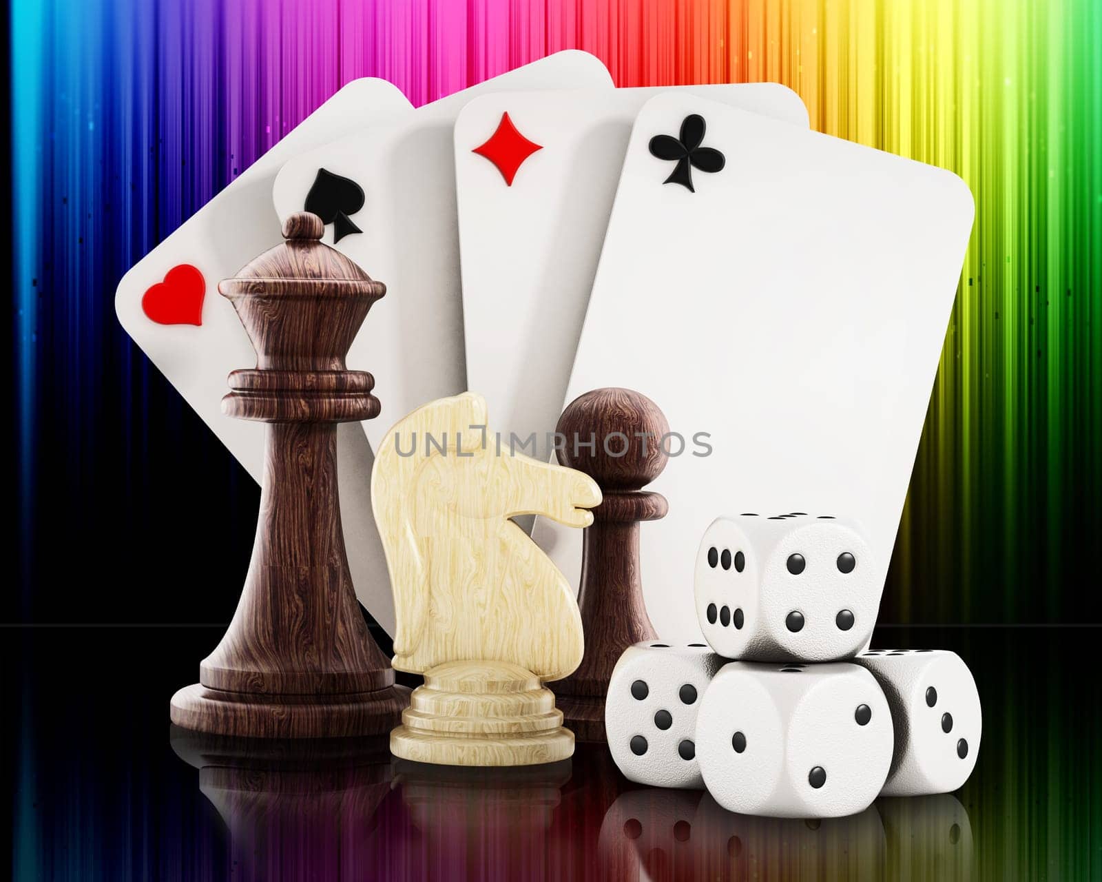 Playing cards, dice and chess pieces. 3D illustration.
