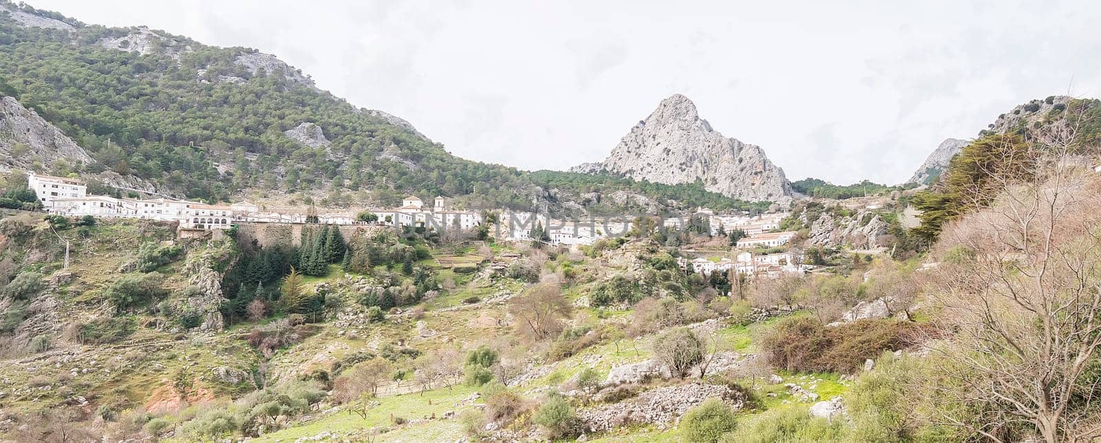 Panoramic view of the white town of Grazalema (Cádiz, Andalusia, Spain).