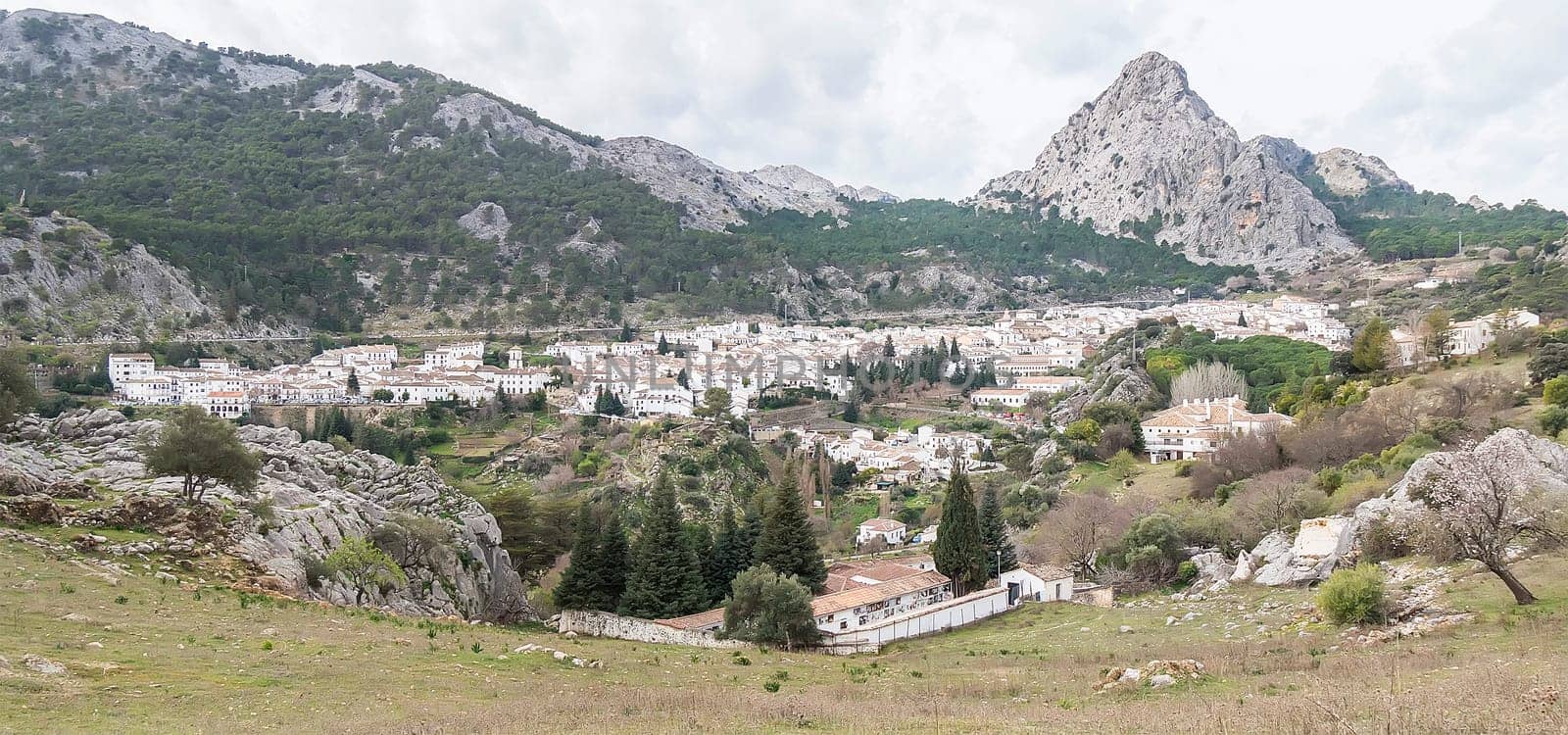 Panoramic view of the white town of Grazalema (Cádiz, Andalusia, Spain).
