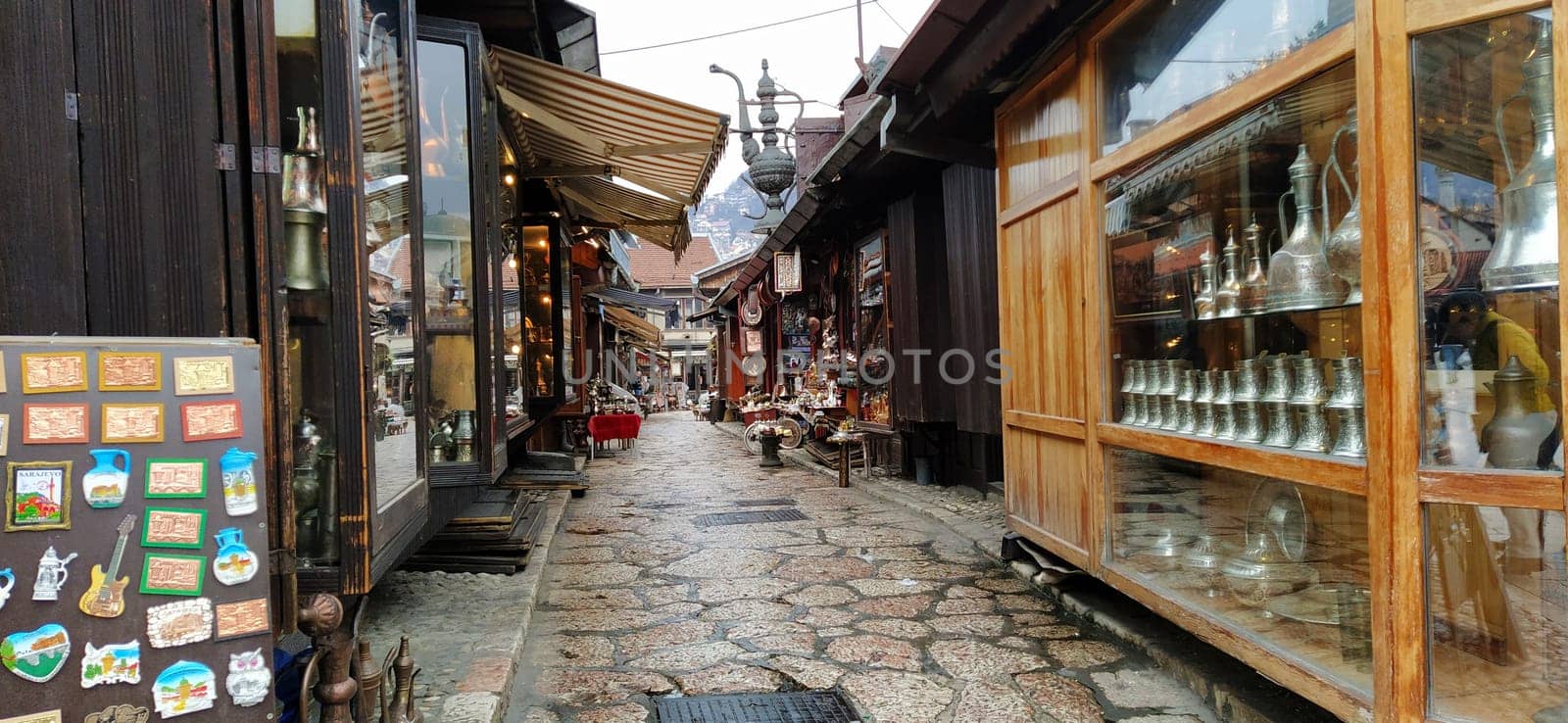 Sarajevo, Bosnia and Herzegovina - March 8, 2020: Souvenirs at old bazaar and the historical and cultural center of the Sarajevo called Bascarsija.