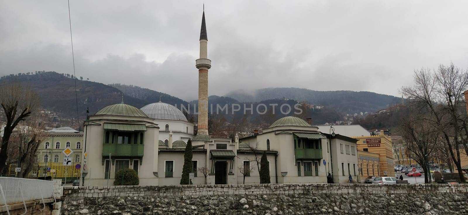 Sarajevo, Bosnia and Herzegovina, March 8, 2020, central streets of Sarajevo. Islamic landmarks and tourist sites. Tourist attractions of Sarajevo. Tourist business, travel and excursions. Balkans.