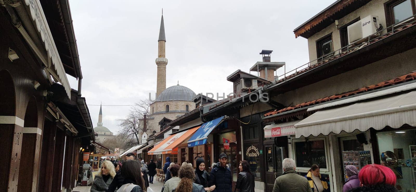 Sarajevo, Bosnia and Herzegovina, March 8, 2020, central streets of Sarajevo. Islamic landmarks and tourist sites. Tourist attractions of Sarajevo. Tourist business, travel and excursions. Balkans.