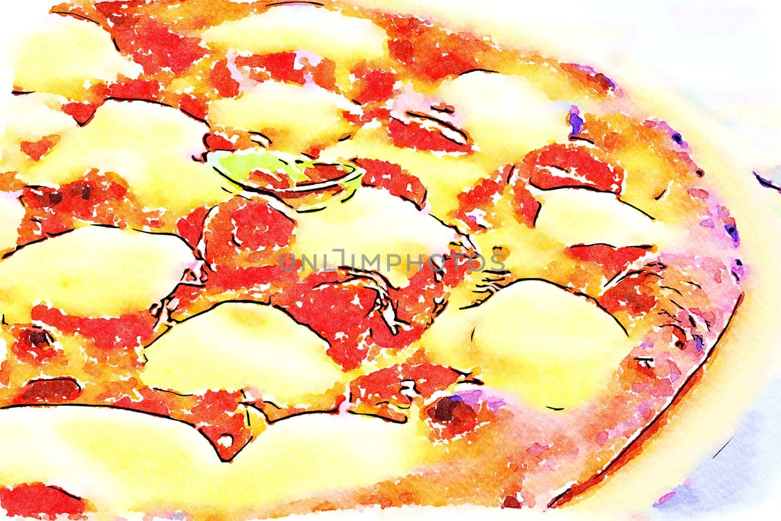 Creative illustration in vintage watercolor design - Pizza Margherita with Mozzarella cheese, basil and tomatoes