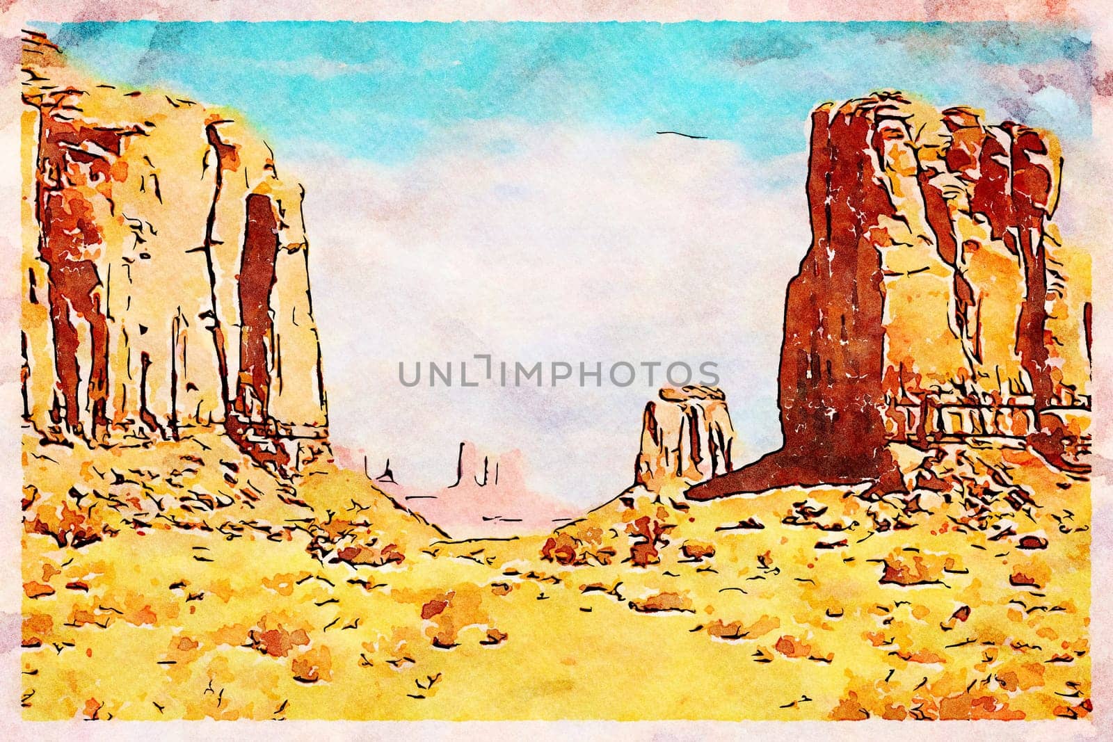 Creative illustration in vintage watercolor design - Monument Valley in USA, red panorama with blue sky